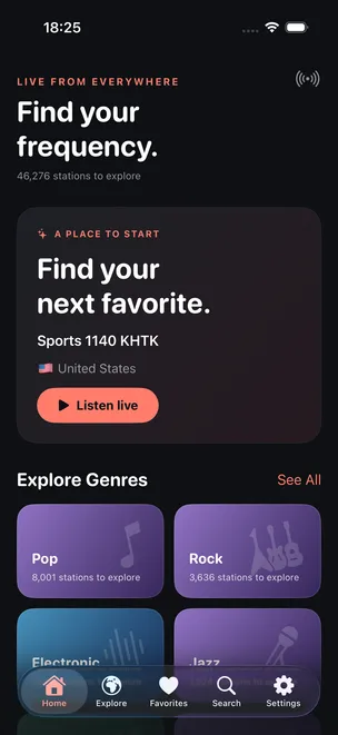 Radio World on iPhone, showing discovery suggestions and genre categories