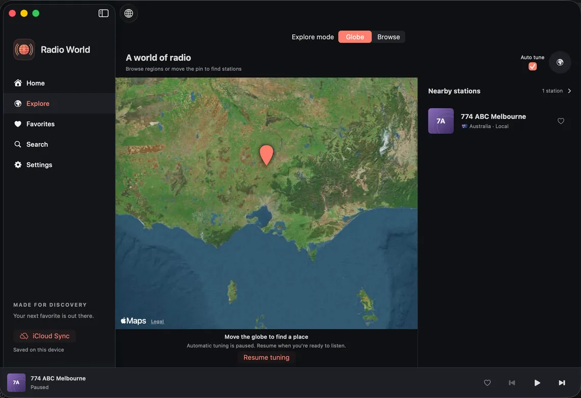 The native Mac app showing globe discovery and its collapsible station sidebar